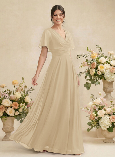 V-Neck Chiffon Bridesmaid Dresses With Short Sleeves