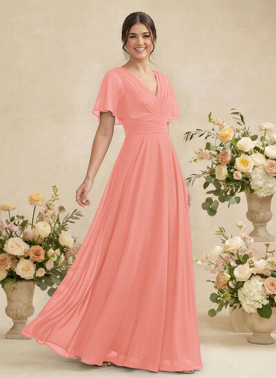 V-Neck Chiffon Bridesmaid Dresses With Short Sleeves
