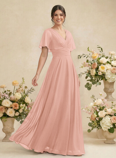 V-Neck Chiffon Bridesmaid Dresses With Short Sleeves