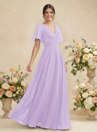 V-Neck Chiffon Bridesmaid Dresses With Short Sleeves