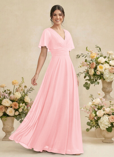 V-Neck Chiffon Bridesmaid Dresses With Short Sleeves