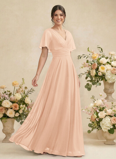 V-Neck Chiffon Bridesmaid Dresses With Short Sleeves