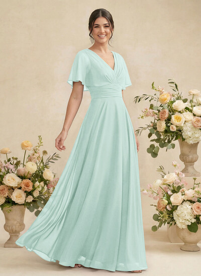 V-Neck Chiffon Bridesmaid Dresses With Short Sleeves