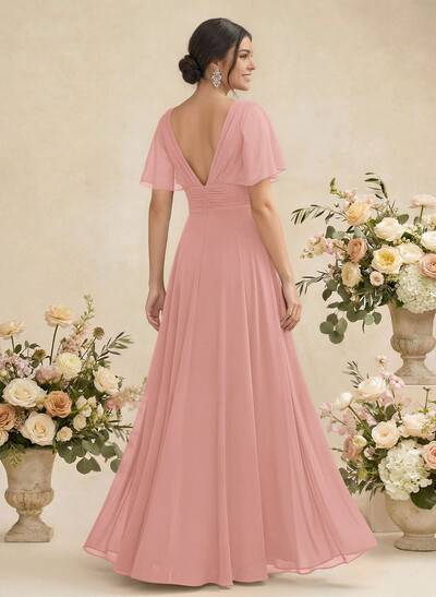 V-Neck Chiffon Bridesmaid Dresses With Short Sleeves