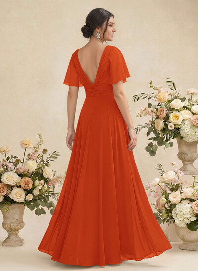 V-Neck Chiffon Bridesmaid Dresses With Short Sleeves