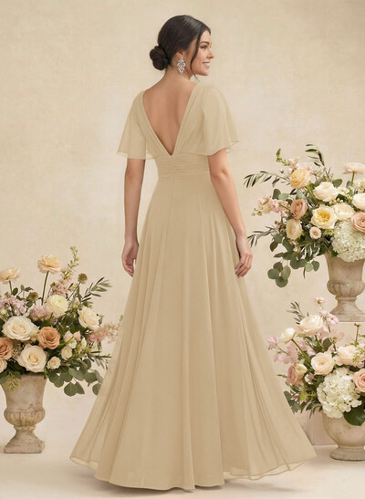 V-Neck Chiffon Bridesmaid Dresses With Short Sleeves