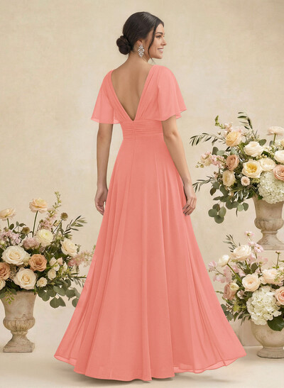 V-Neck Chiffon Bridesmaid Dresses With Short Sleeves