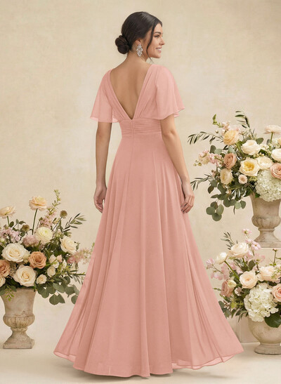 V-Neck Chiffon Bridesmaid Dresses With Short Sleeves