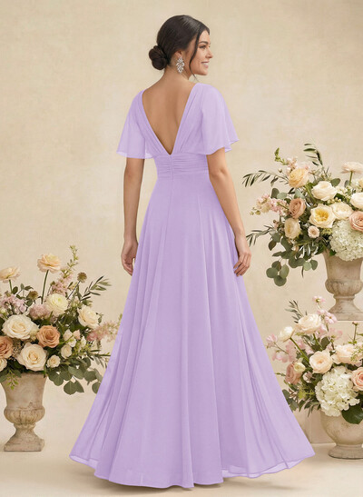 V-Neck Chiffon Bridesmaid Dresses With Short Sleeves
