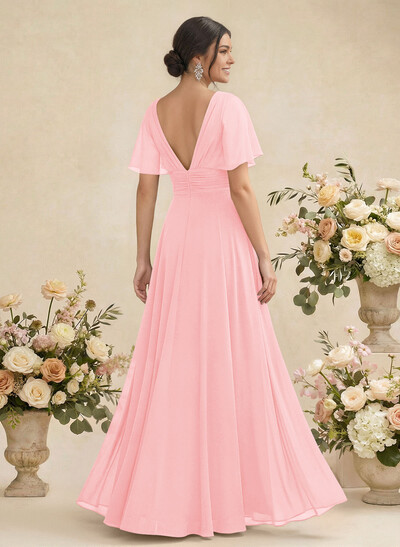 V-Neck Chiffon Bridesmaid Dresses With Short Sleeves
