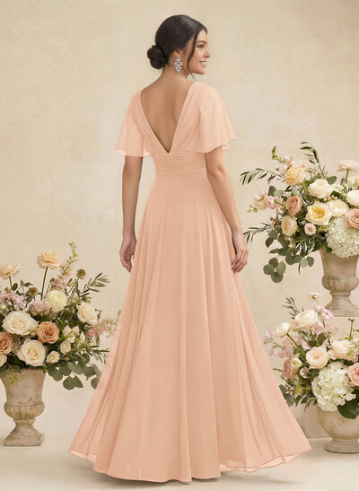 V-Neck Chiffon Bridesmaid Dresses With Short Sleeves