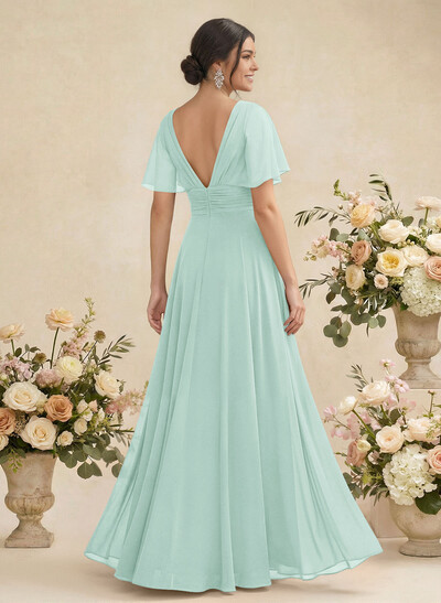 V-Neck Chiffon Bridesmaid Dresses With Short Sleeves