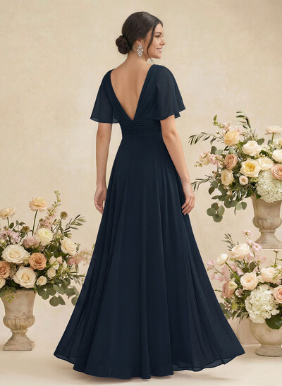 V-Neck Chiffon Bridesmaid Dresses With Short Sleeves
