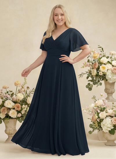 V-Neck Chiffon Bridesmaid Dresses With Short Sleeves