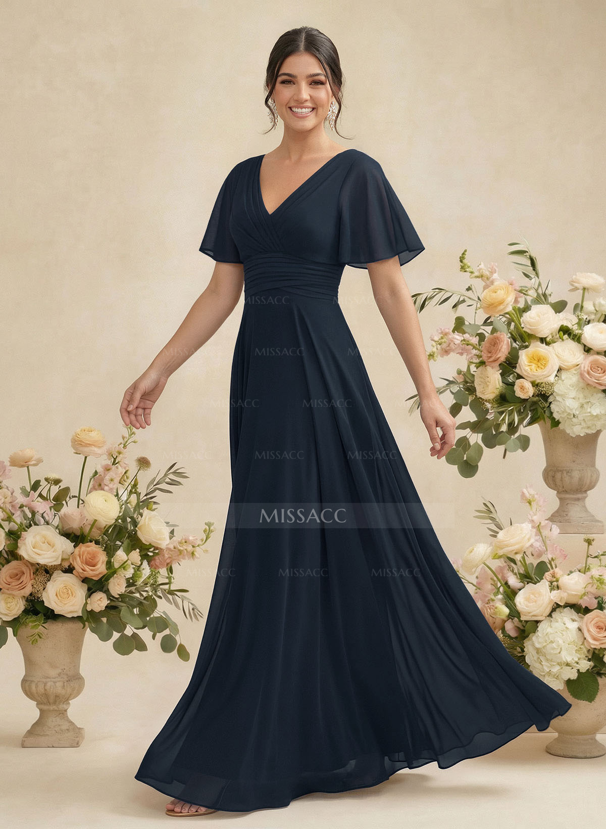 V-Neck Chiffon Bridesmaid Dresses With Short Sleeves