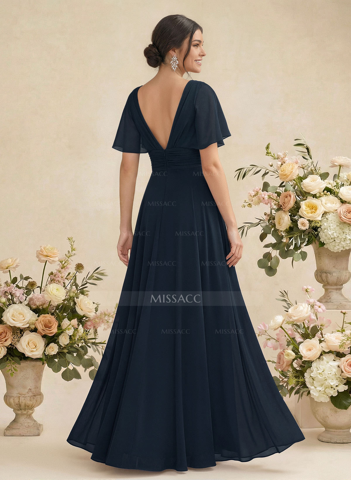 V-Neck Chiffon Bridesmaid Dresses With Short Sleeves