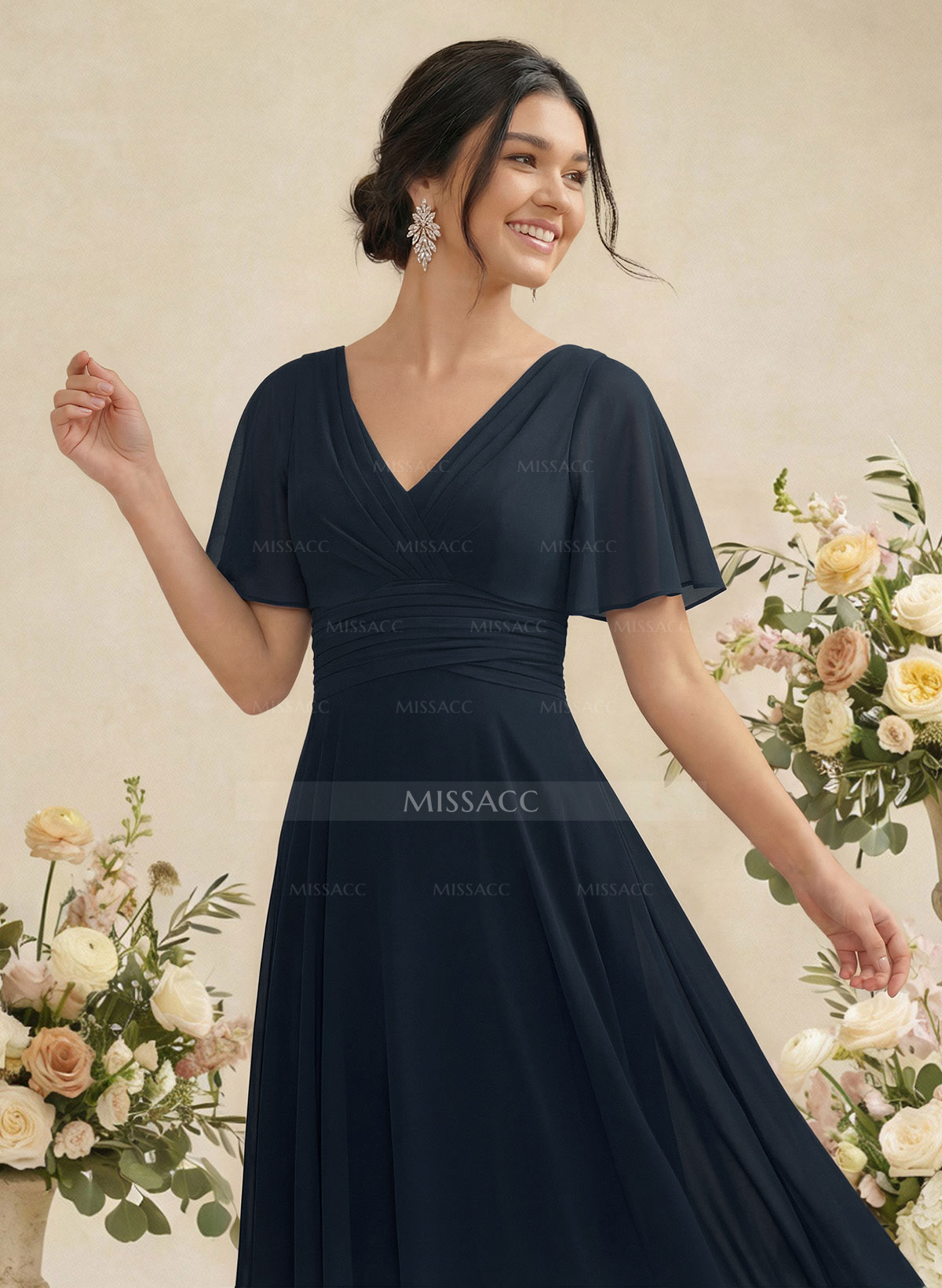 V-Neck Chiffon Bridesmaid Dresses With Short Sleeves