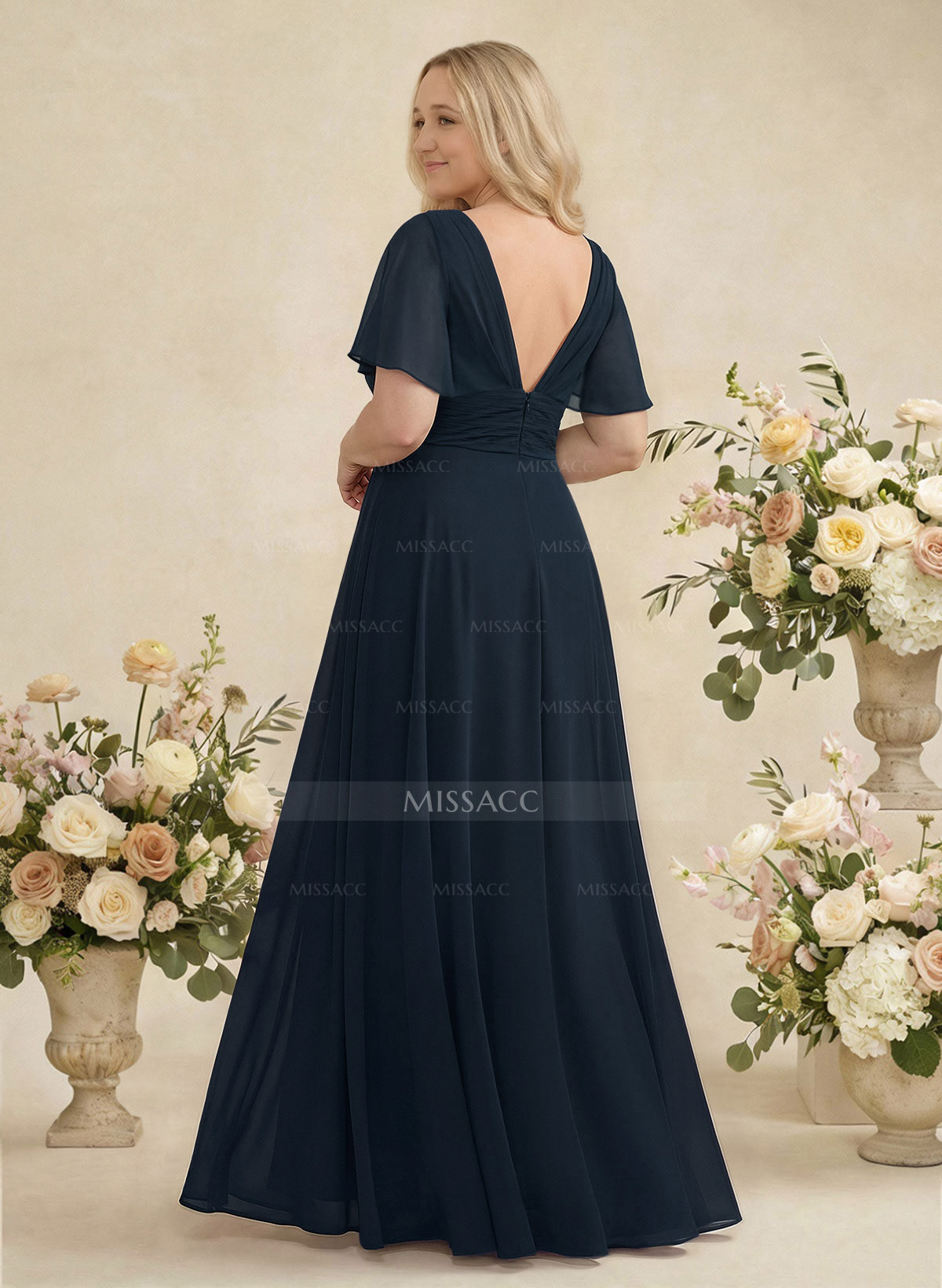 V-Neck Chiffon Bridesmaid Dresses With Short Sleeves