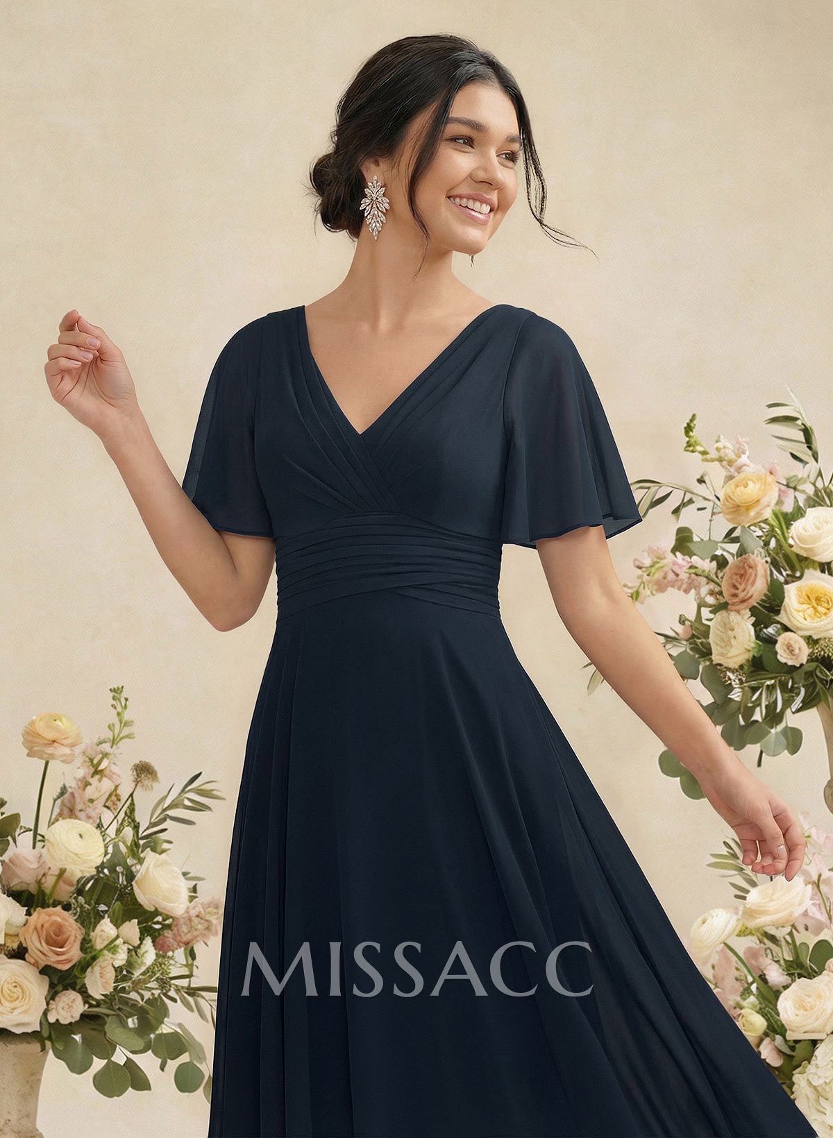 V-Neck Chiffon Bridesmaid Dresses With Short Sleeves V-Neck Chiffon Bridesmaid Dresses With Short Sleeves