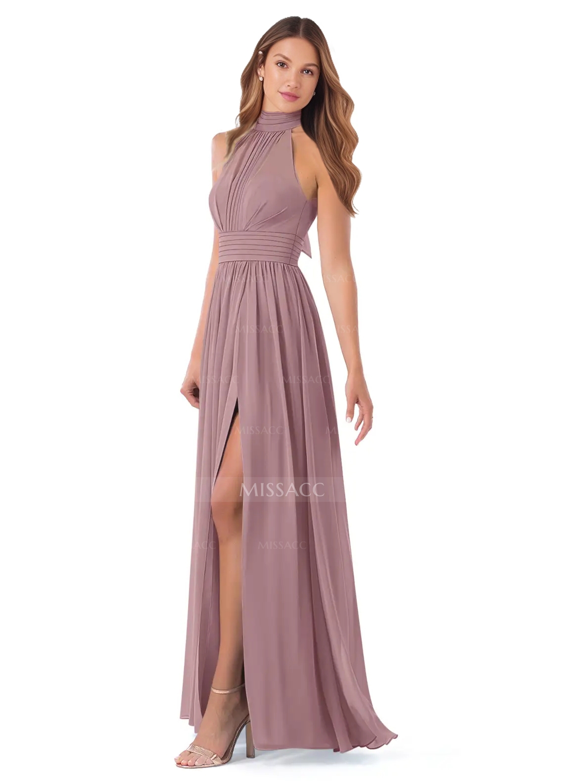 Illusion High Neck Chiffon Bridesmaid Gown Vintage Mauve