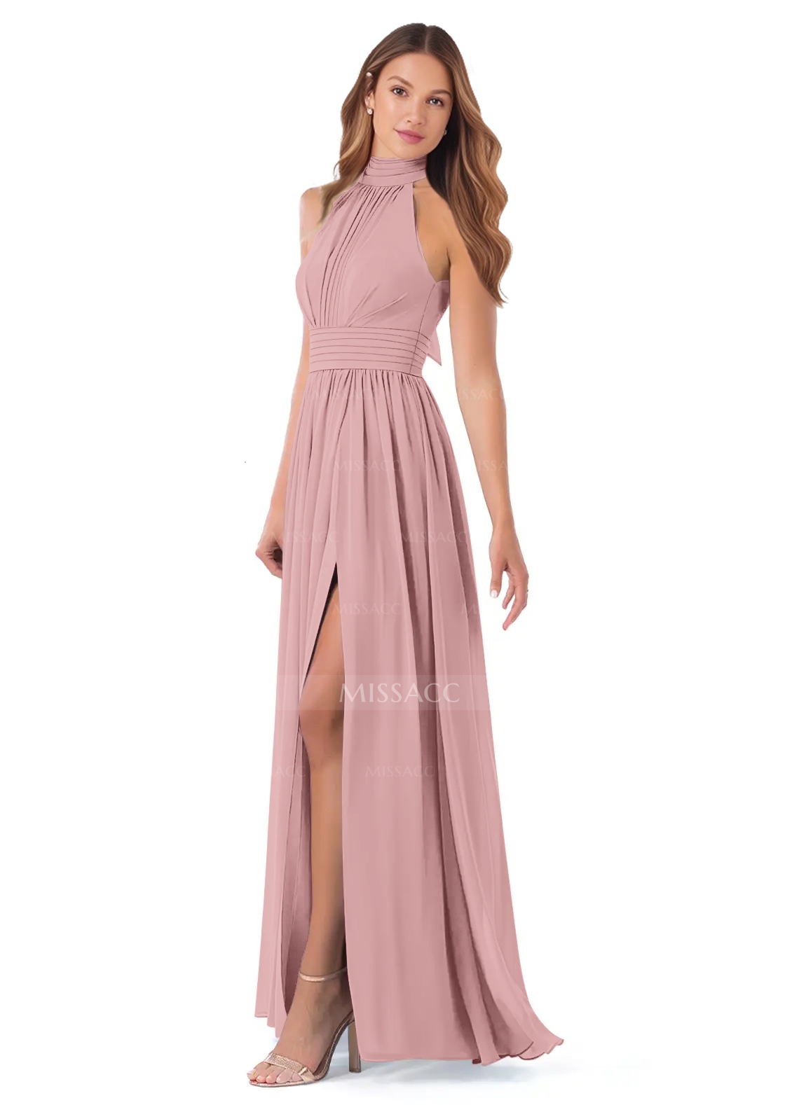 High Neck Chiffon Bridesmaid Dresses With Bow