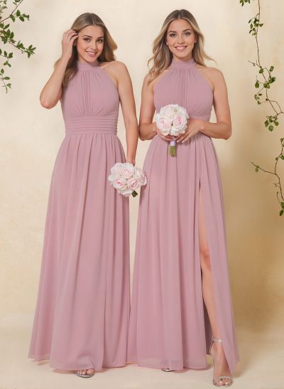 High Neck Chiffon Bridesmaid Dresses With Bow