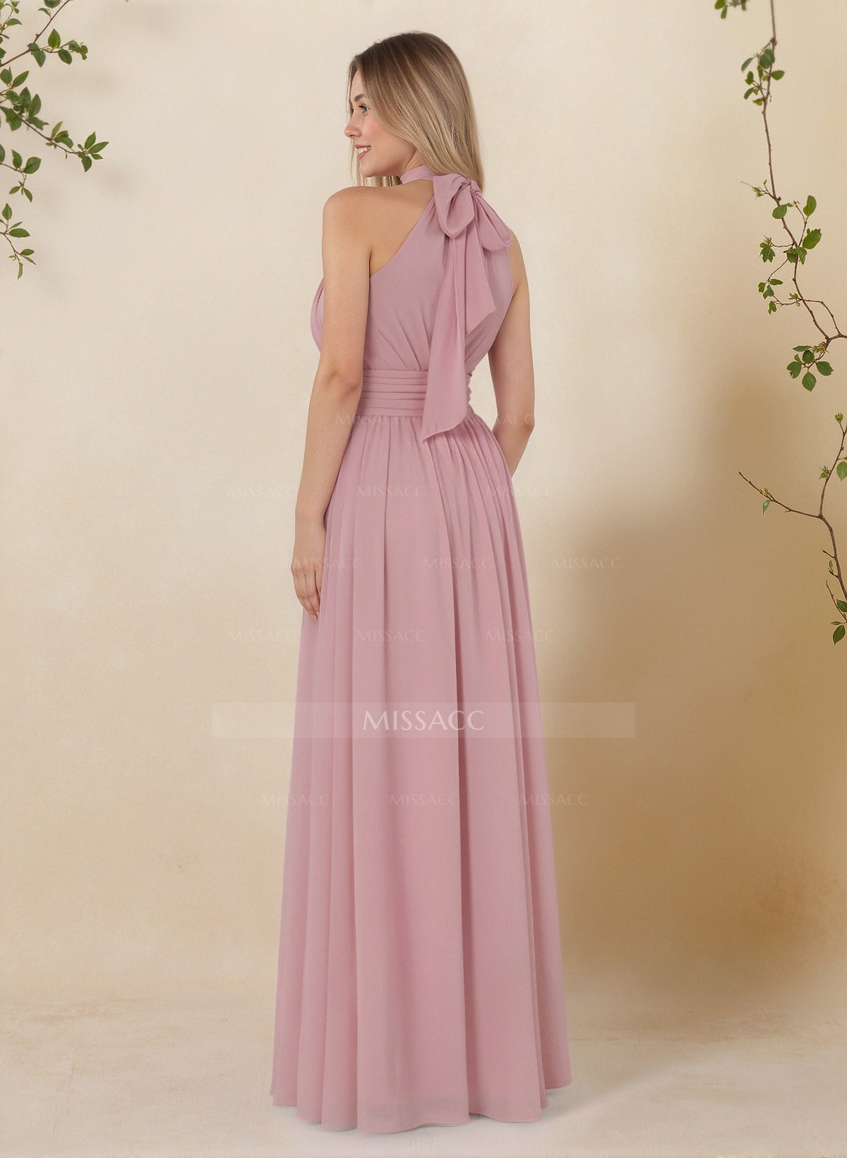 High Neck Chiffon Bridesmaid Dresses With Bow
