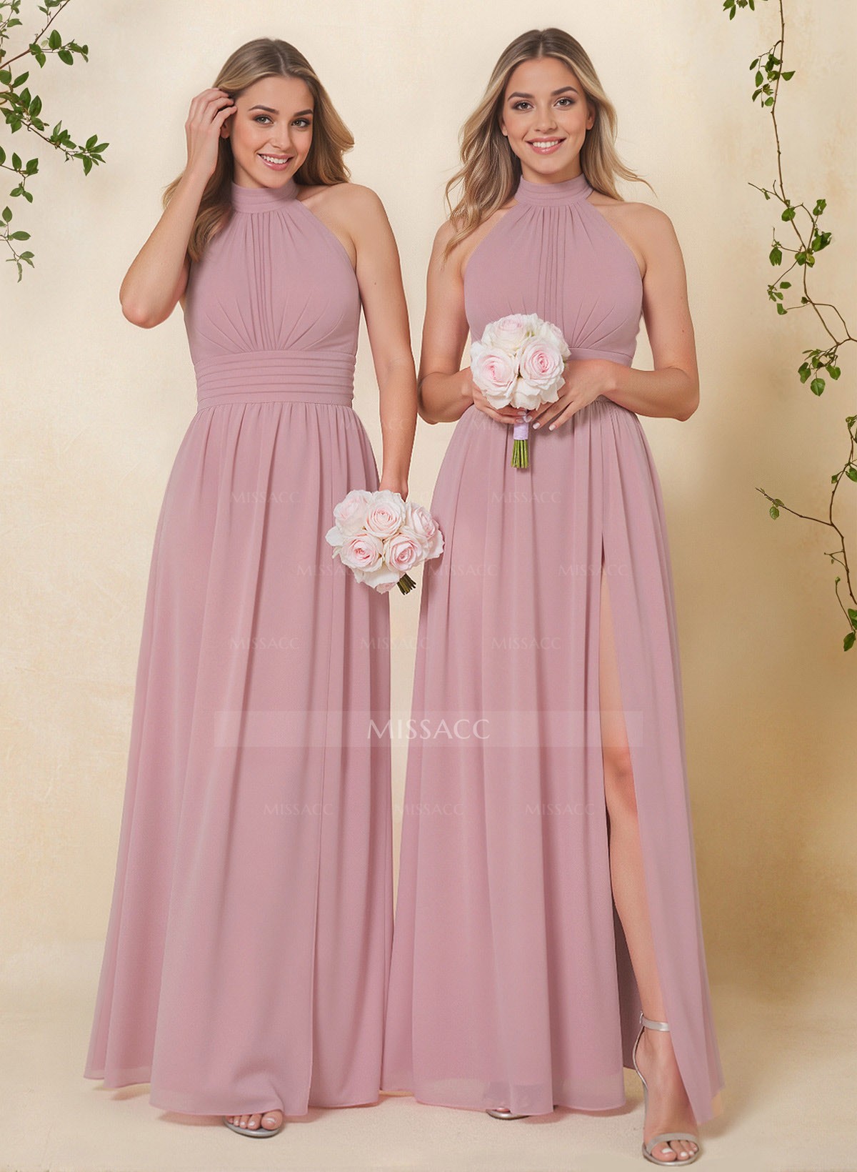 High Neck Chiffon Bridesmaid Dresses With Bow