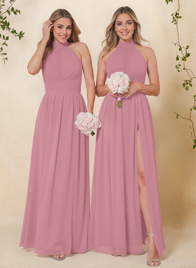 High Neck Chiffon Bridesmaid Dresses With Bow