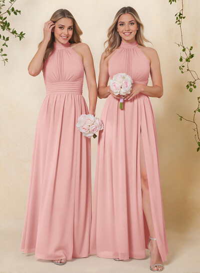 High Neck Chiffon Bridesmaid Dresses With Bow