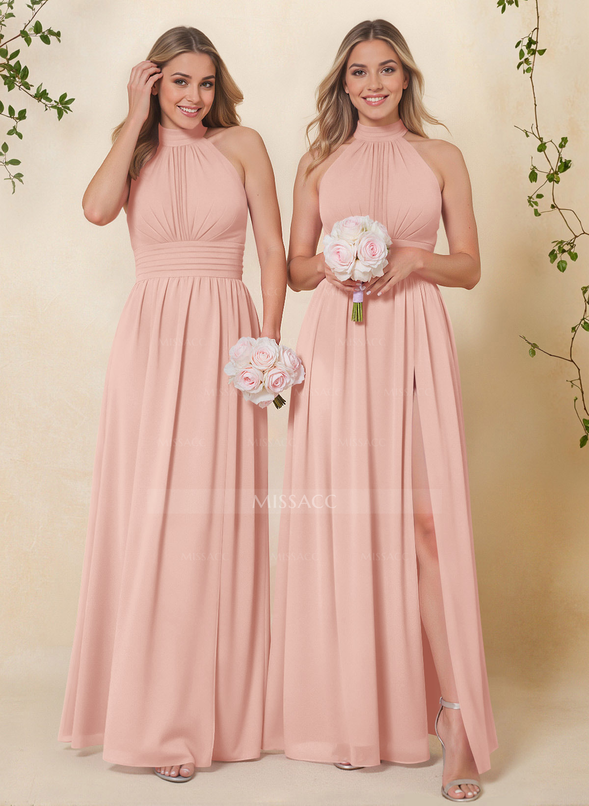 High Neck Chiffon Bridesmaid Dresses With Bow