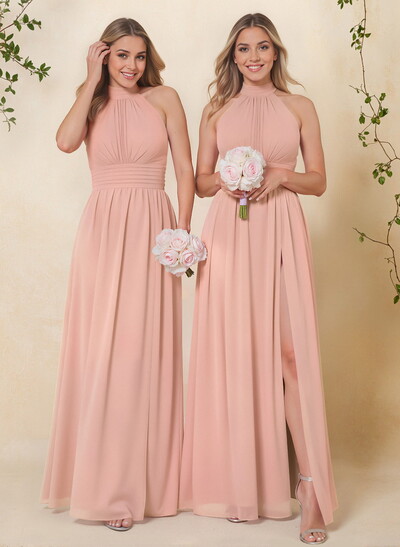 High Neck Chiffon Bridesmaid Dresses With Bow