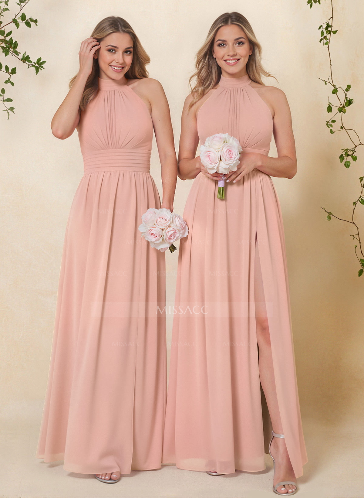 High Neck Chiffon Bridesmaid Dresses With Bow