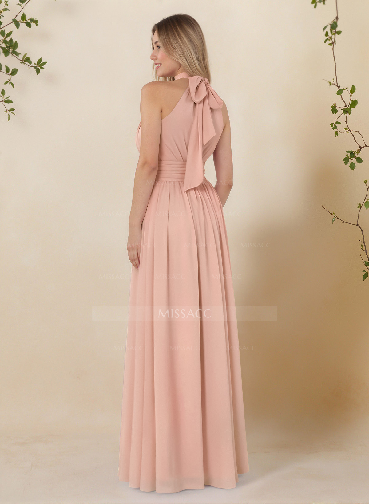 High Neck Chiffon Bridesmaid Dresses With Bow