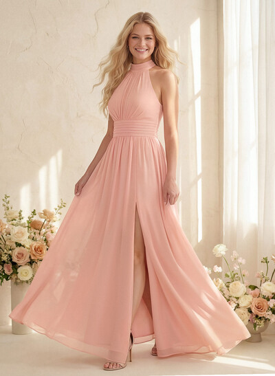 High Neck Chiffon Bridesmaid Dresses With Bow