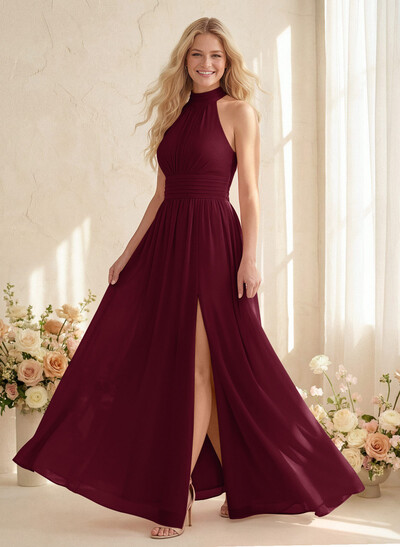 High Neck Chiffon Bridesmaid Dresses With Bow