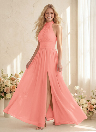 High Neck Chiffon Bridesmaid Dresses With Bow