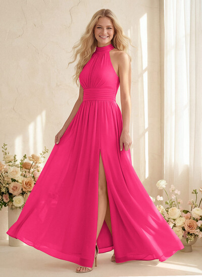 High Neck Chiffon Bridesmaid Dresses With Bow
