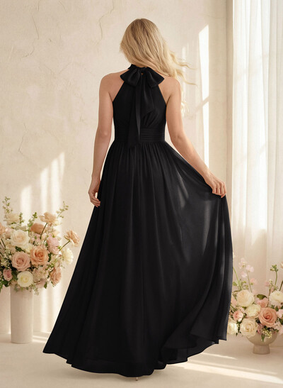 High Neck Chiffon Bridesmaid Dresses With Bow