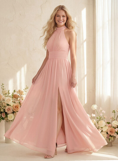 High Neck Chiffon Bridesmaid Dresses With Bow