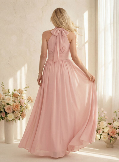 High Neck Chiffon Bridesmaid Dresses With Bow