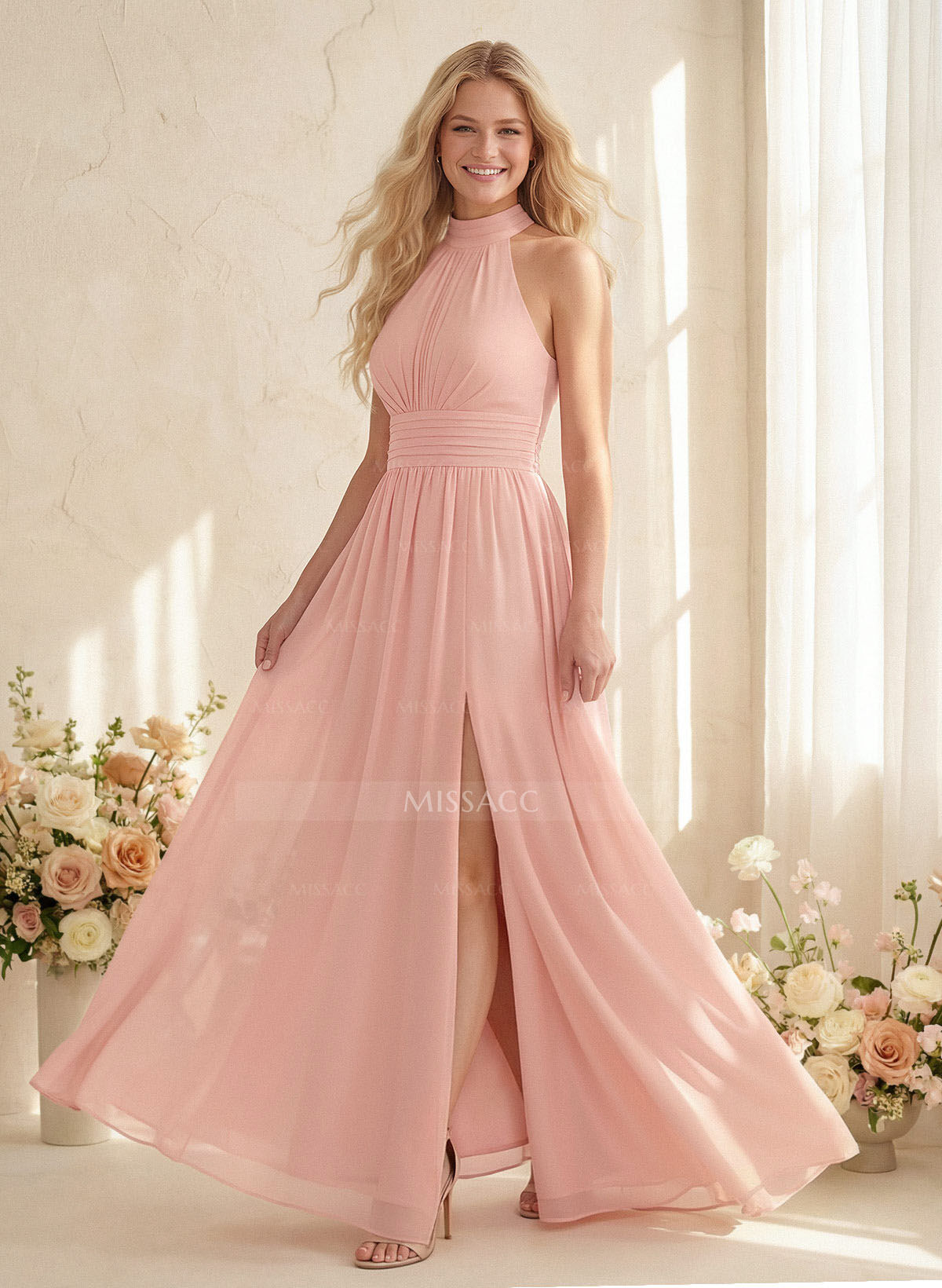 High Neck Chiffon Bridesmaid Dresses With Bow