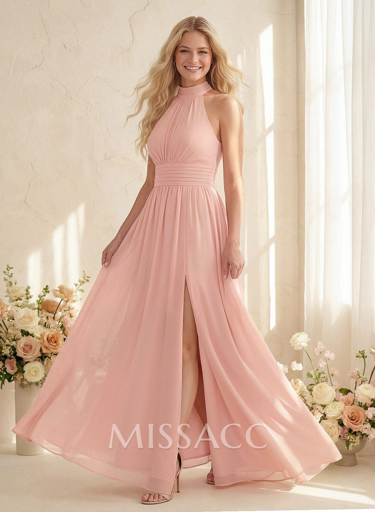 High Neck Chiffon Bridesmaid Dresses With Bow