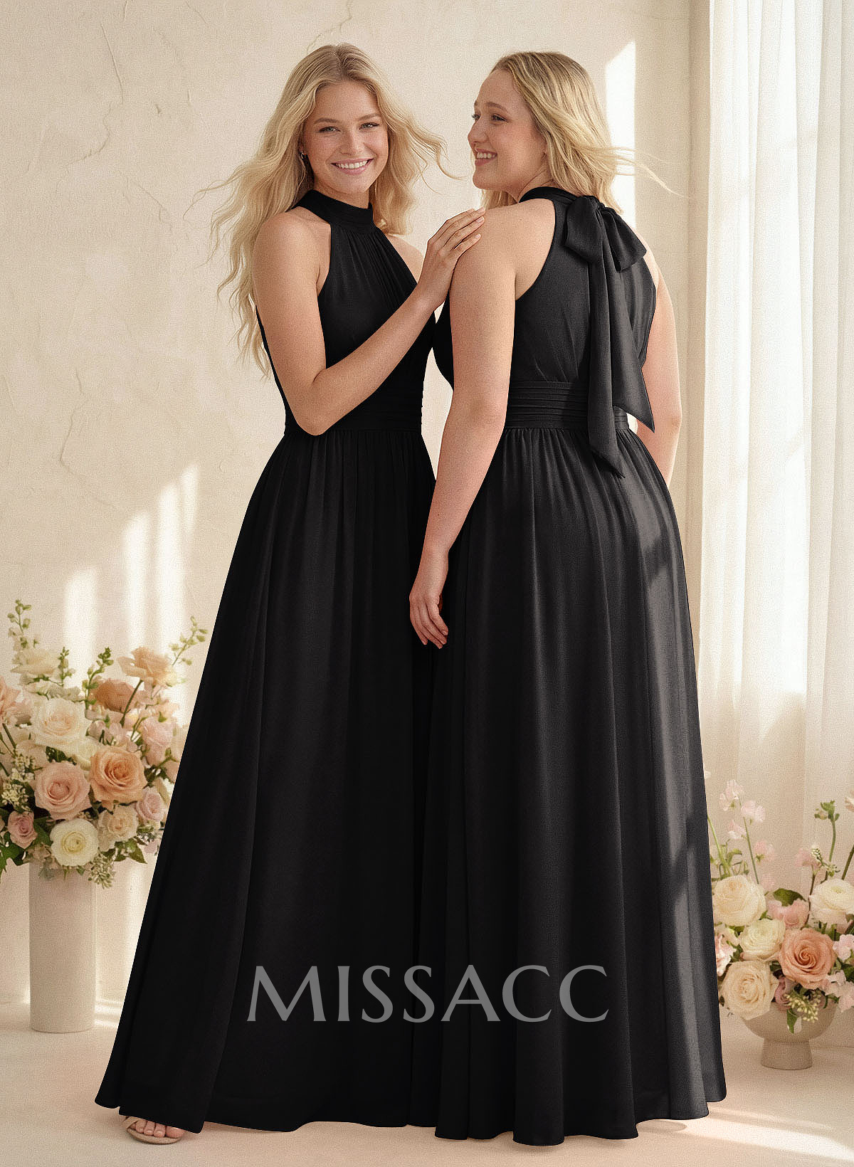 High Neck Chiffon Bridesmaid Dresses With Bow