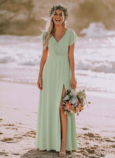 Long Chiffon Bridesmaid Dresses With V-Neck