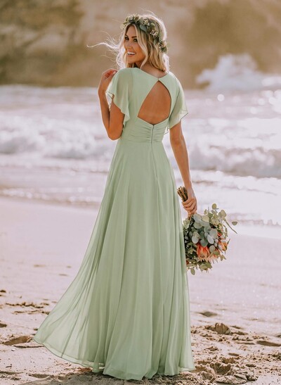 Long Chiffon Bridesmaid Dresses With V-Neck