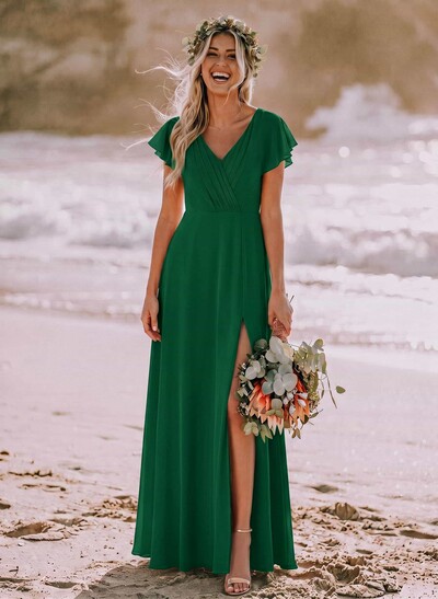 Long Chiffon Bridesmaid Dresses With V-Neck