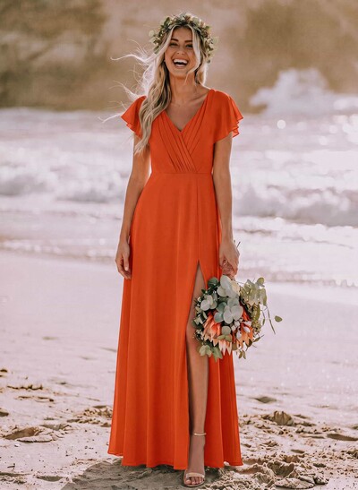 Long Chiffon V-Neck Bridesmaid Dresses