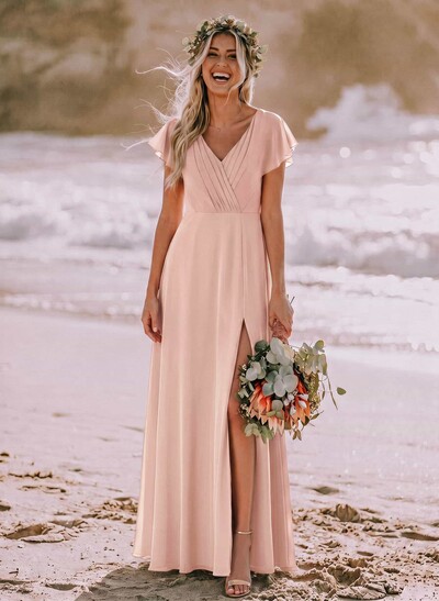 Long Chiffon Bridesmaid Dresses With V-Neck