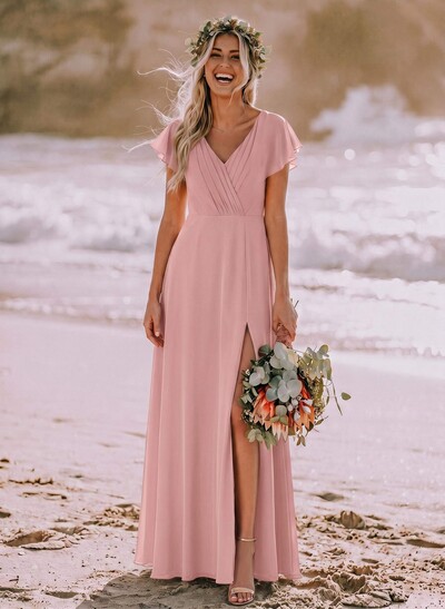Long Chiffon V-Neck Bridesmaid Dresses